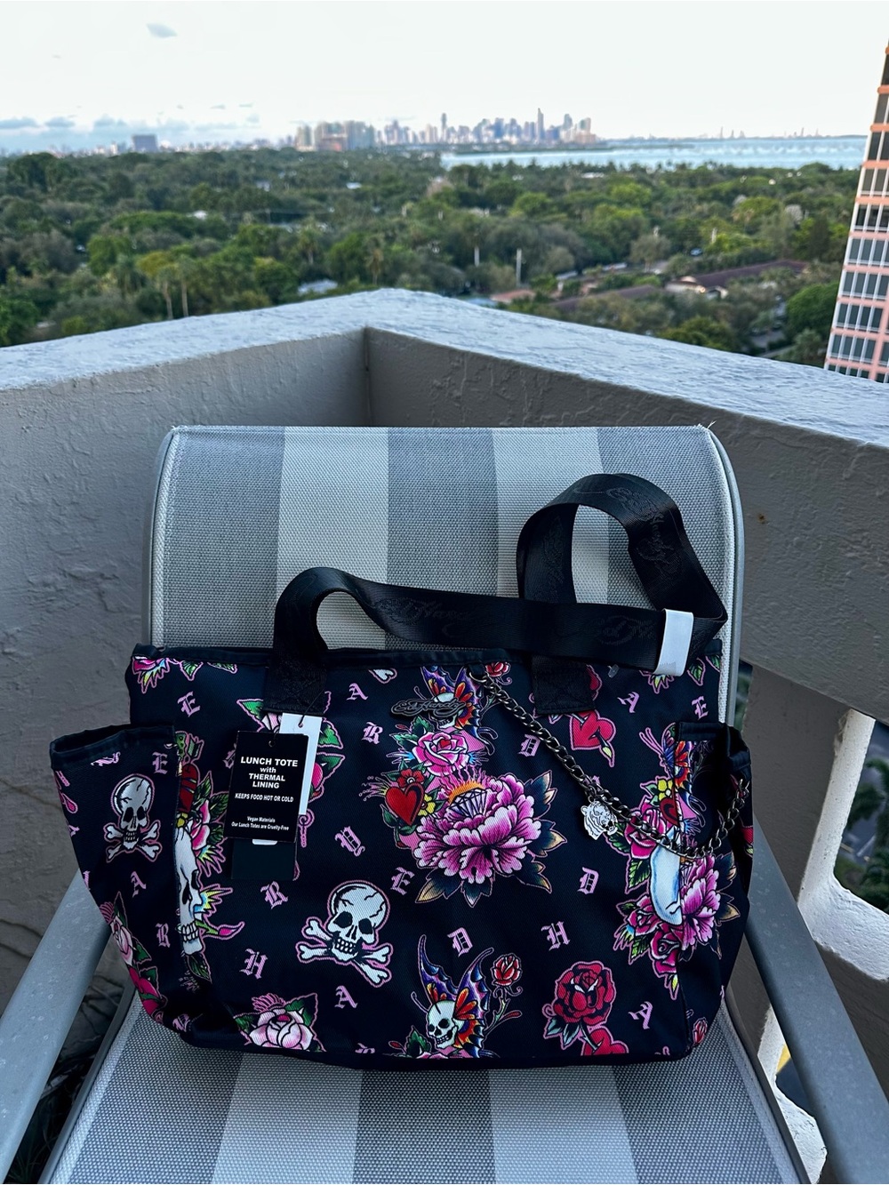 Ed Hardy Skull Floral Insulated Lunch Tote Black Pink NWT With Container💀🌹